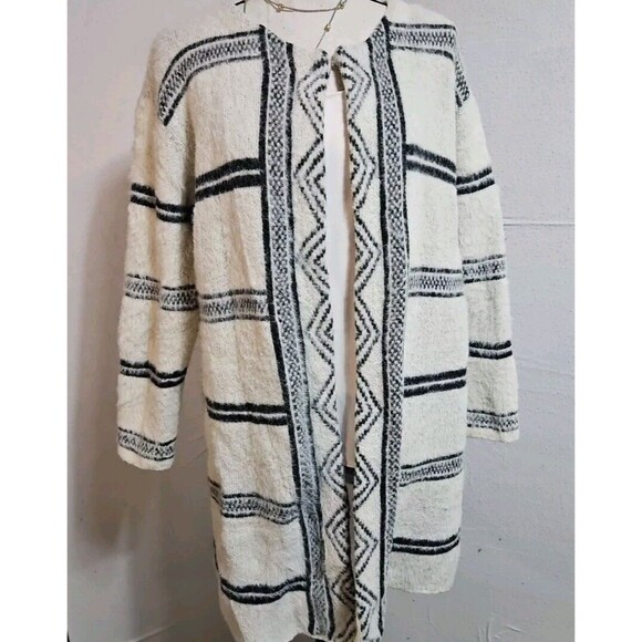 solitaire Sweaters - SOLITAIRE Open Cardigan Cozy Striped Duster Tribal Aztec Solitaire, womens Large